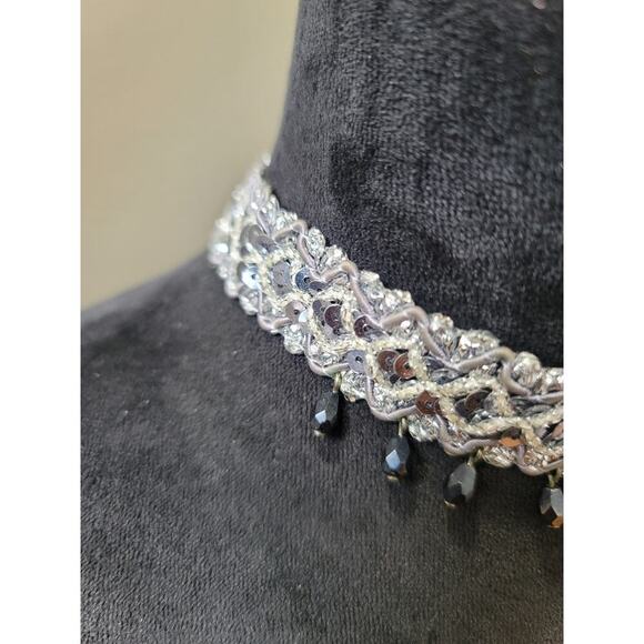 Women's Silver Sequin Beaded Choker Necklace With Black Drops And Lobster Clasp - Picture 5 of 6